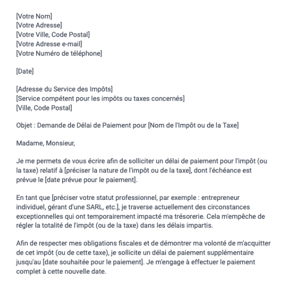 Lettre de demande d'un délai de paiement d'un impôt ou d'une taxe (professionnels)