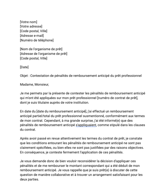Lettre de contestation de pénalités de remboursement anticipé d'un prêt professionnel