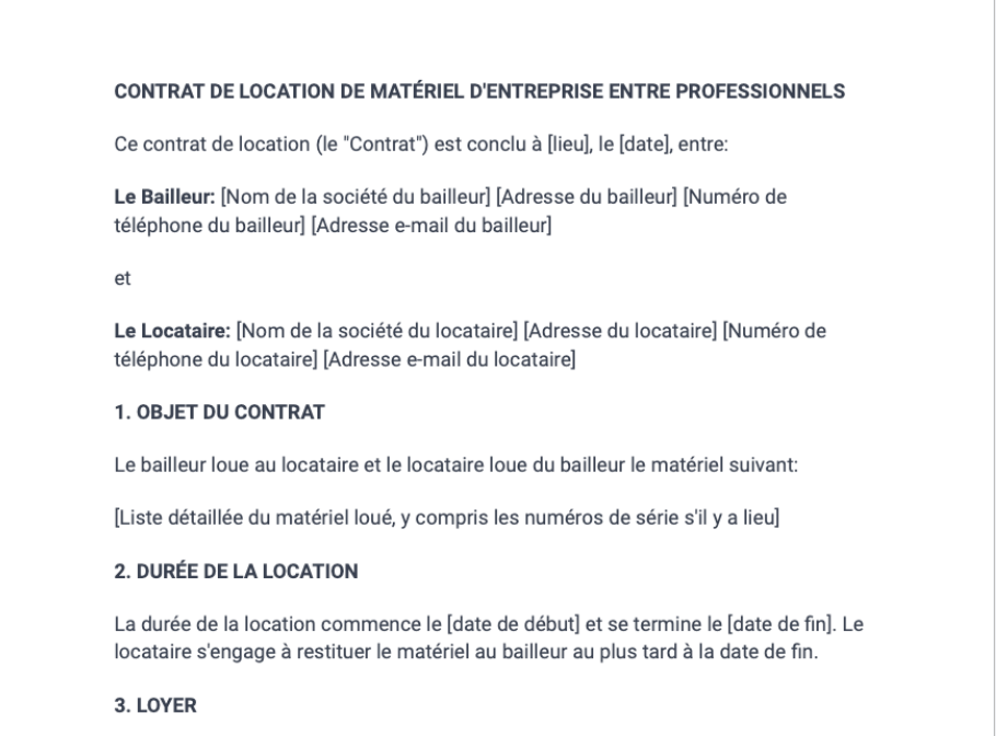 Contrat de location de matériel d'entreprise entre professionnels