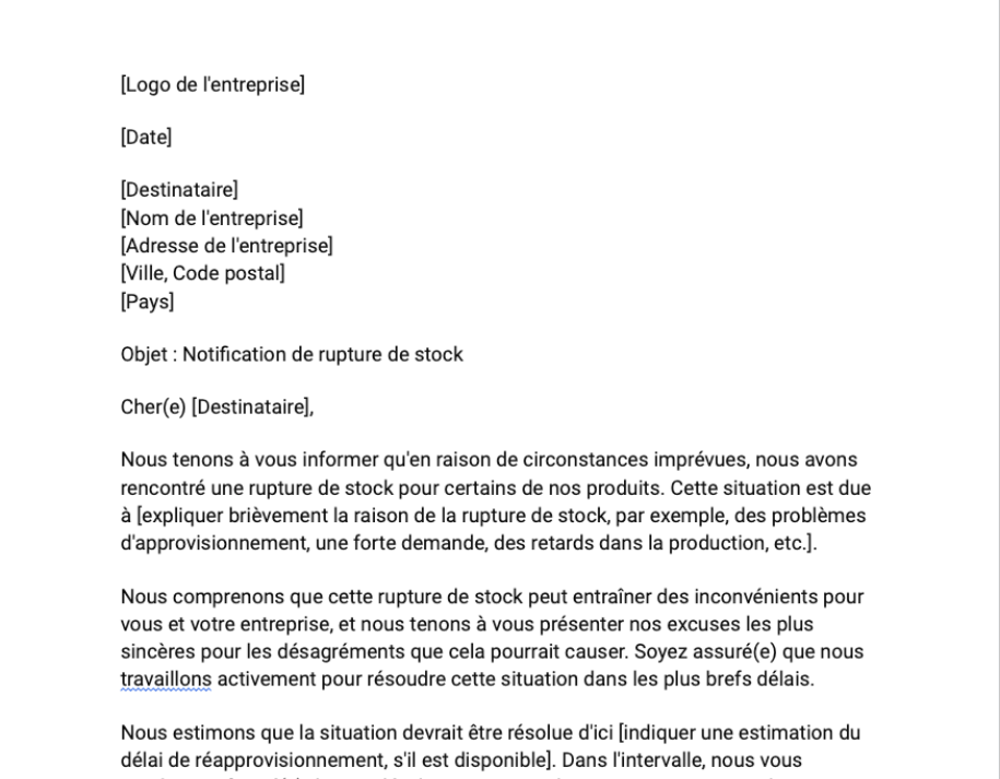 Lettre d'information sur la rupture de stock