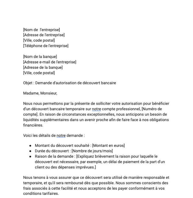 Lettre de demande d'autorisation de découvert bancaire par une entreprise