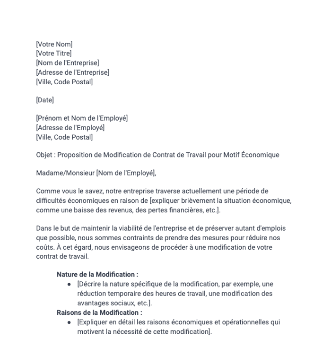 Lettre de proposition de modification du contrat de travail pour motif économique