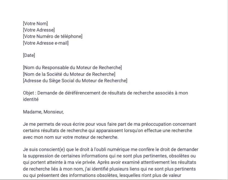 Lettre de demande de déréférencement