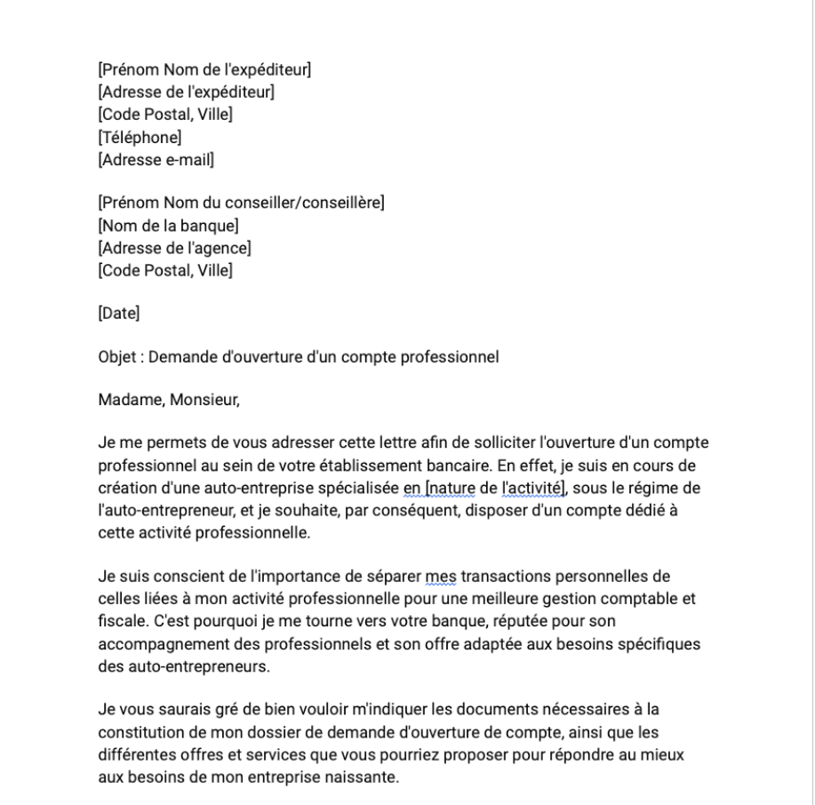Lettre pour la demande d'ouverture d'un compte professionnel par un auto-entrepreneur