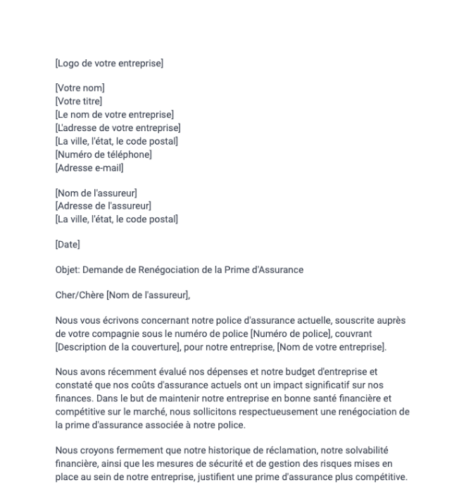 Lettre de demande de renégociation de la prime d'assurance par une entreprise