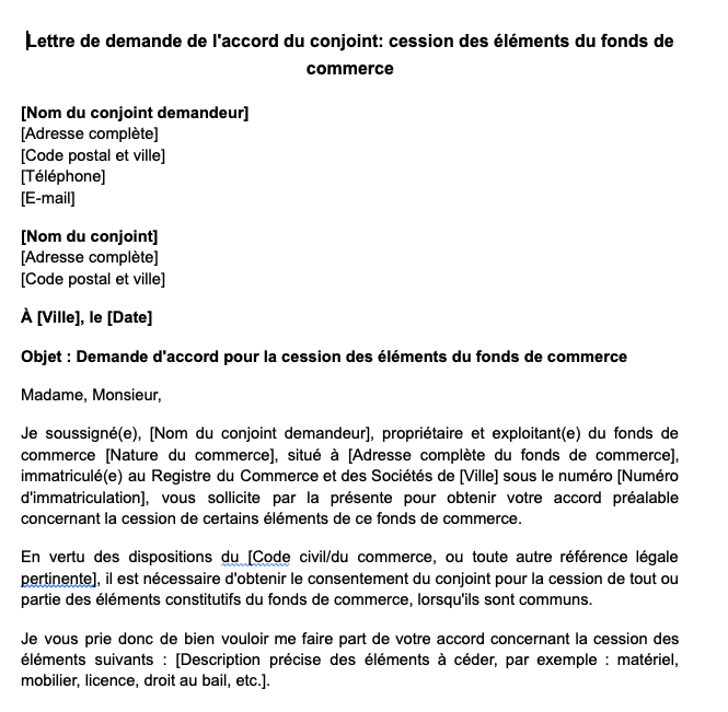 Lettre de demande de l'accord du conjoint: cession des éléments du fonds de commerce