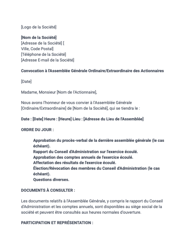 Lettre de convocation à une assemblée générale de société