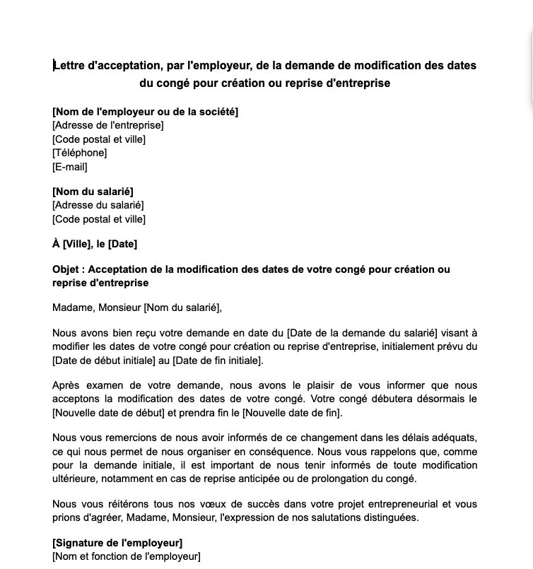 Lettre d'acceptation, par l'employeur, de la demande de modification des dates du congé pour création ou reprise d'entreprise