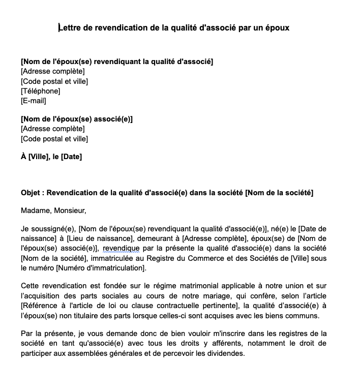 Lettre de revendication de la qualité d'associé par un époux