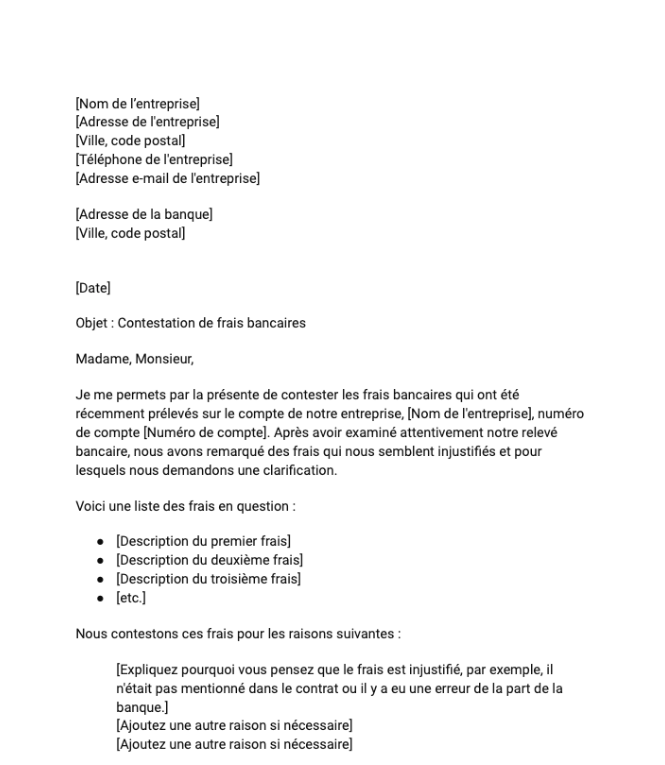 Lettre de contestation de frais bancaires par une entreprise