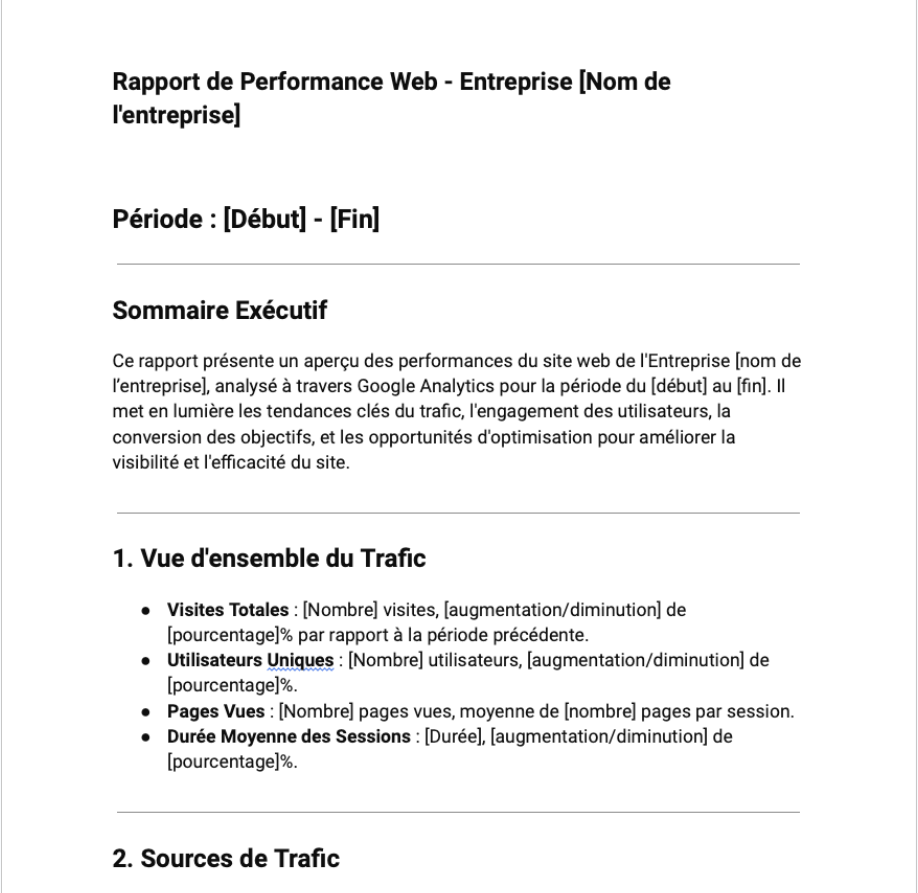 Rapport de performance Web pour entreprise
