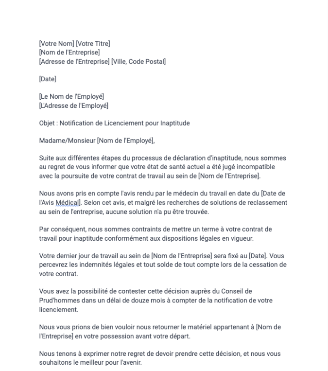 Lettre de licenciement pour inaptitude