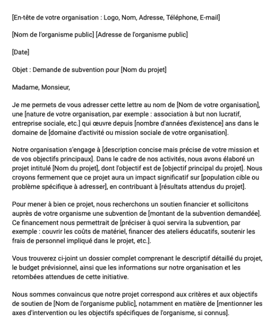 Lettre de demande de subvention auprès d'un organisme public