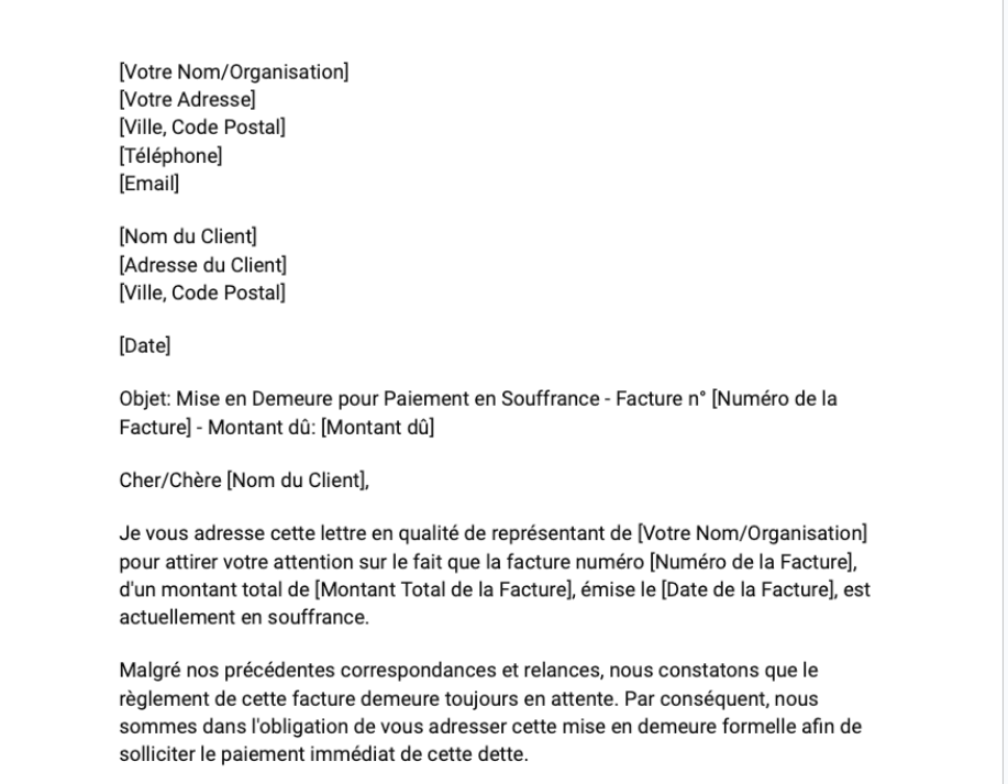 Lettre de mise en demeure pour une facture impayée