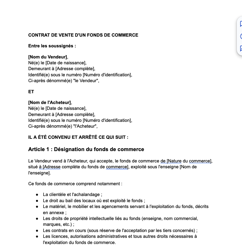 Contrat de vente d'un fonds de commerce