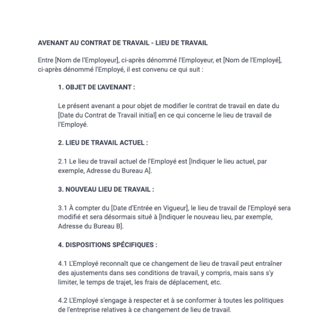 Avenant au contrat de travail - lieu de travail
