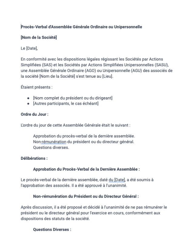 Procès-verbal de non-rémunération du président ou du directeur général (SAS, SASU)