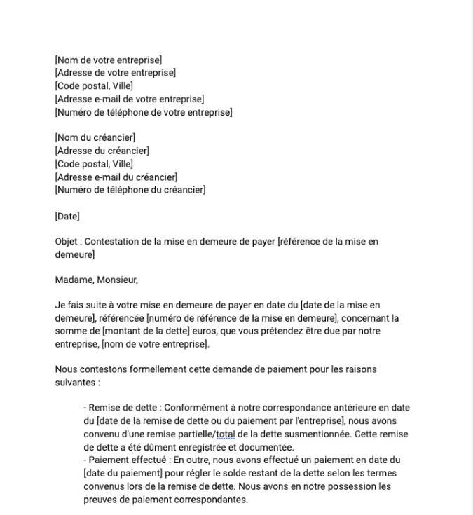 Lettre de contestation d'une mise en demeure de payer suite à une remise de dette ou au paiement par l'entreprise