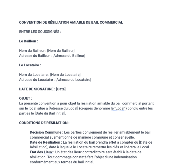 Convention de résiliation amiable d'un bail commercial