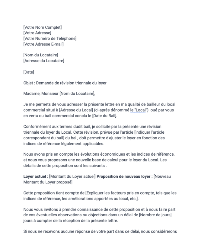 Lettre de demande de révision triennale du loyer d'un bail commercial par le bailleur