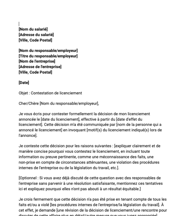 Lettre de contestation de licenciement par le salarié