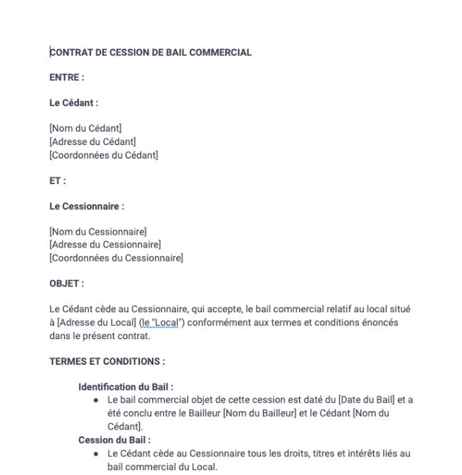 Contrat de cession d'un bail commercial