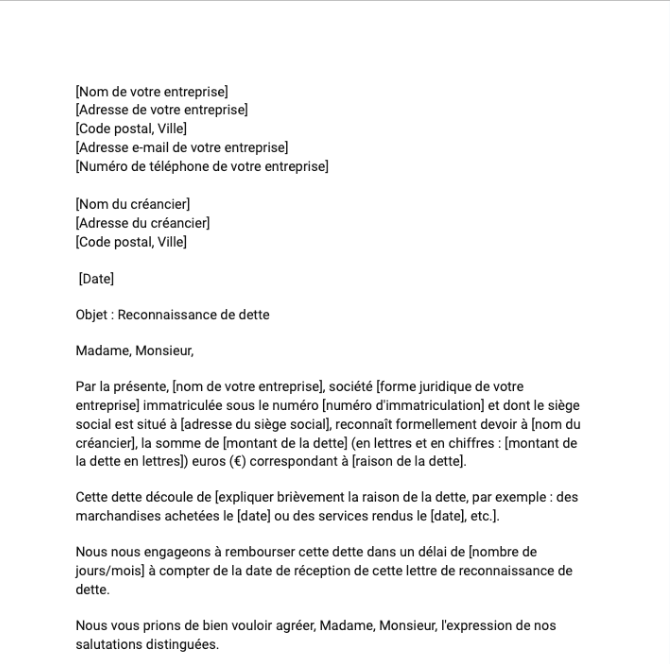 Lettre de reconnaissance de dette pour une entreprise