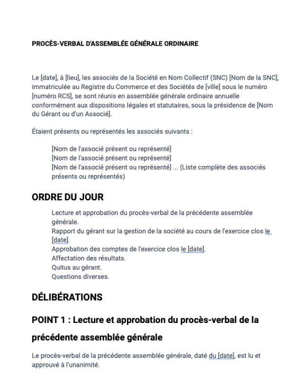 Procès-verbal d'assemblée générale (SNC)