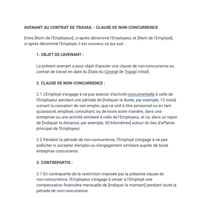 Avenant au contrat de travail - clause de non-concurrence